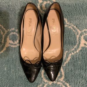 Black patent Prada sexy work bow heels 3” high